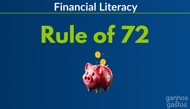 Ganhos e Gastos Financial Literacy Series image featuring Rule of 72 and a piggy bank with Portuguese flag coins falling into it.