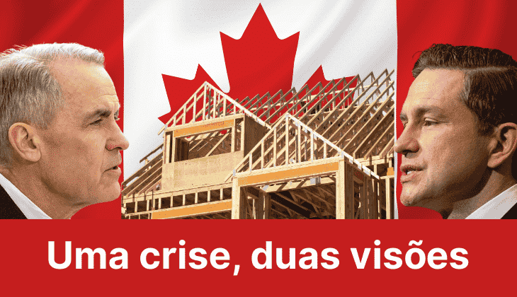 Mark Carney e Pierre Poilievre frente a frente com casas em construção e bandeira do Canadá ao fundo. Texto: "Uma crise, duas visões".