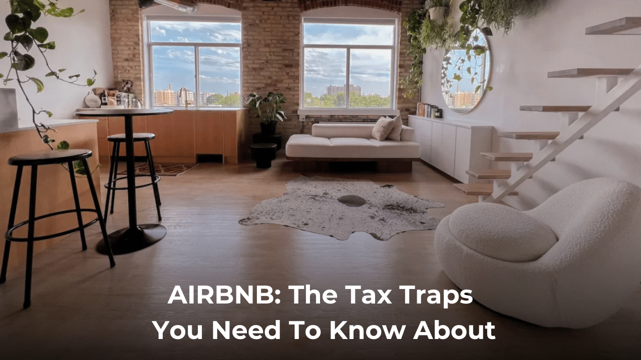 Modern loft apartment short-term rental with text overlay about Airbnb tax traps.